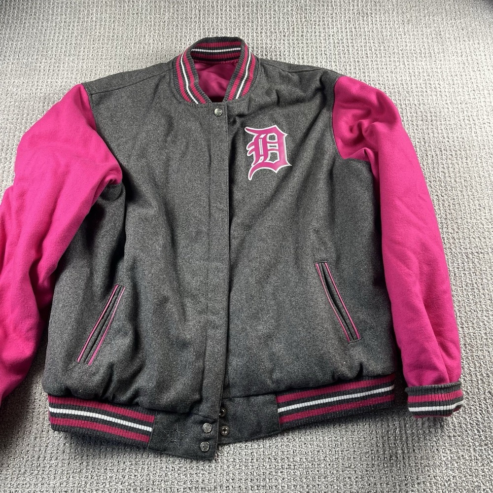 JH Design MLB Reversible Pink Detroit Tigers Jacket Varsity Bomber Women 3XL